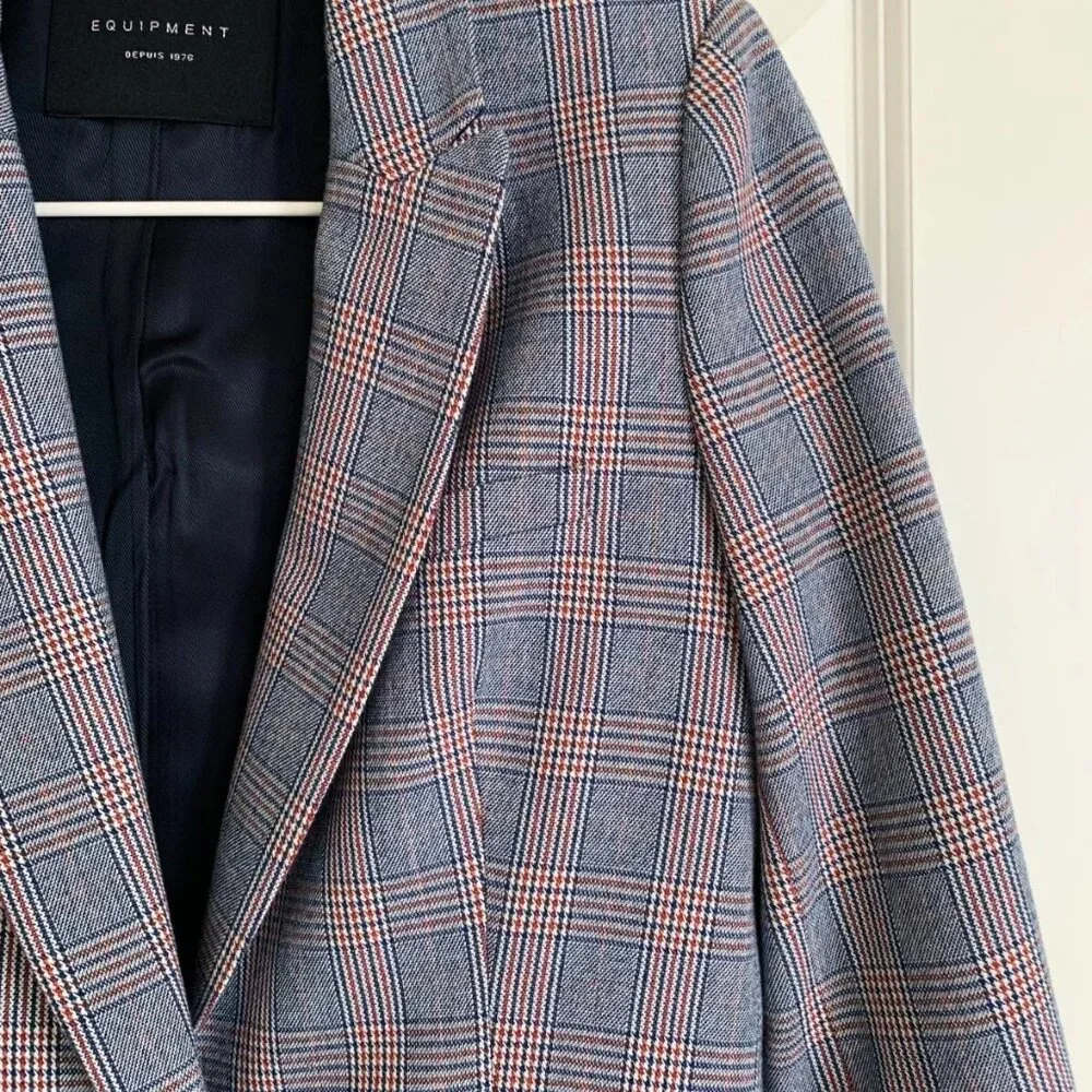 Women's Equipment Jeanne Wool Blend Check Plaid Blazer in Blue Multi Size 4
